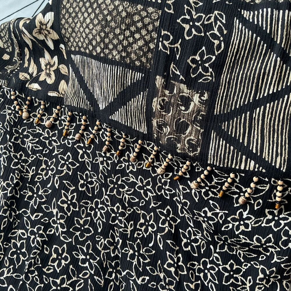 90s Boho Maxi Skirt PM Black Tan Patchwork Print Wood Bead Trim Rayon - Picture 3 of 5